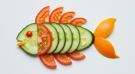 A fishshaped food arrangement sliced cucumber tomato and orange peel