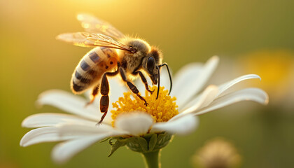 Honeybee on a Daisy Flower with Golden Light