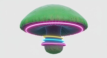 A green mushroom with neon rings around its stem and cap isolated on a white background