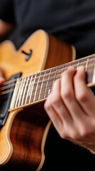 Obraz premium Guitarist skillfully plays rhythmic melody on acoustic guitar, showcasing intricate finger movements and beautiful instrument