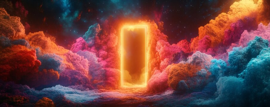 A glowing portal framed by vibrant and colorful celestial clouds