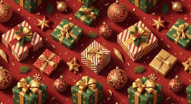 A Festive Tapestry of Red and Green Christmas Gifts with Golden Bows and Ornaments.