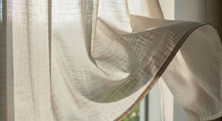 A Gentle Breeze Billows a Sheer Textured Curtain in Soft Diffused Sunlight.