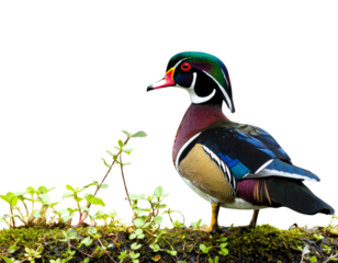 Colorful Male Wood Duck in Natural Habitat, isolated on transparent background PNG