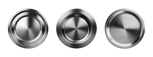 Set of Three Isolated Round Metal Plates on Transparent Background
