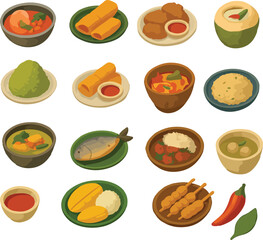 set of Thai food icons isometric vector