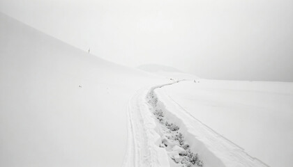 Snowy Landscape with Track and Vegetation.