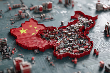 A red and white China map is on a blue background