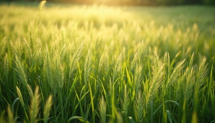 Obraz premium Close-up of lush green grass field with stalks gently swaying in summer breeze. Sunlit meadow shows texture and growth. Natural background for themes of agriculture, nature, and seasons.