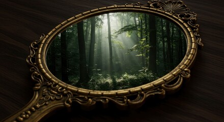 An ornate oval mirror reflects a lush forest with sunbeams piercing through the trees