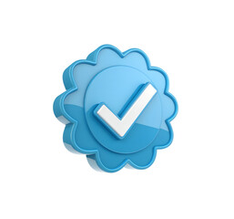 3D Render of Vibrant Sky-Blue Verification Badge with Glossy Rounded Cloud-Like Shape and Bold White Check Mark, Modern Social Media Approval Icon Isolated on White Background