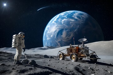 Illustration of an astronaut on the moon looking at the earth with a lunar rover