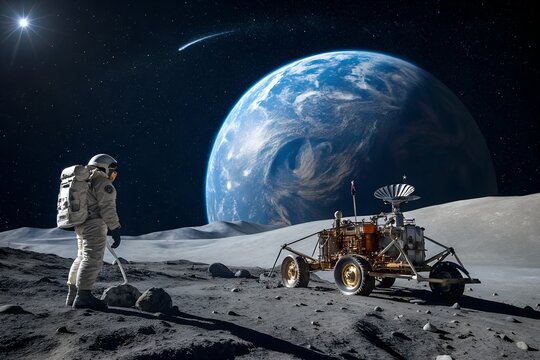 Illustration of an astronaut on the moon looking at the earth with a lunar rover