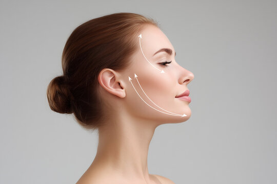 A woman with a smooth face and a bun on her head