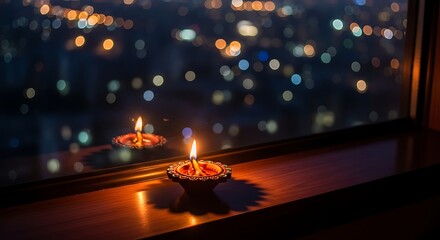 A Solitary Diwali Diyas Warm Glow Reflected Against a Bokeh City Night.