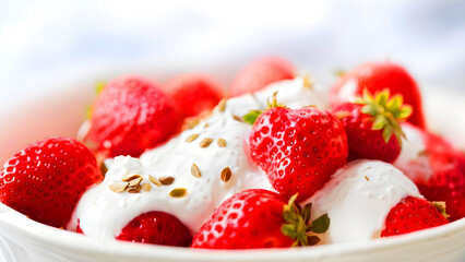 Fresh strawberries and creamy topping, garnished with seeds. A delicious and healthy dessert.