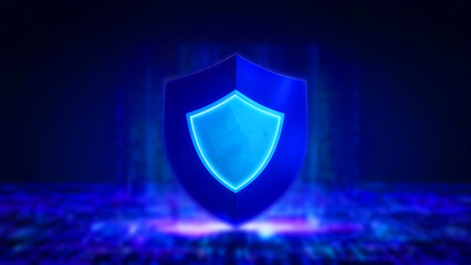 Fototapeta premium Cybersecurity shield graphic. Digital security concept. Blue and purple hues create a futuristic, protective feel.