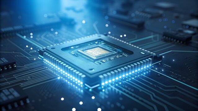 Illustration of close up of computer processor chip on circuit board with blue light