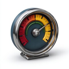 Gauge with needle pointing to yellow section isolated on white background.