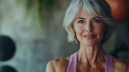 A woman with a bright smile wearing a purple tank top, ideal for use in social media posts or personal portfolios