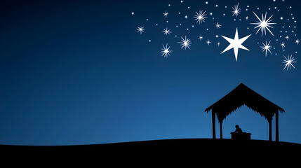 Wooden Stable at Dark Blue Starry Night, Jesus Christ Birth Concept with Copy Space