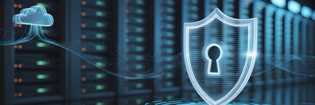 Cyber Fortress: A digital shield protects a secure server room. The image speaks of safeguarding valuable information within a sophisticated data center.