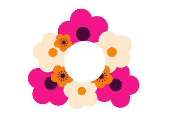 Colorful floral frame, border blank circle with pink, orange, and beige flowers on an isolated background. Perfect for creative and romantic projects, journaling, cards, celebrations, and social media