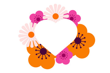 Floral heart frame vector with colorful pink, orange, and white flowers on an isolated background. Romantic spring design for love, wedding, Valentine’s Day, and greeting card decoration. High res PNG