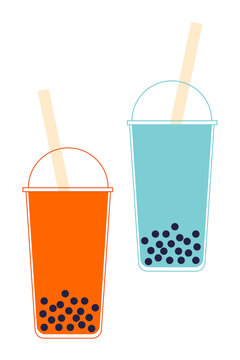 Bubble tea PNG illustration with two colorful cups, tapioca pearls, and straws, isolated on a transparent background&mdash;perfect for beverage, boba, and tea-themed creative projects or food designs. PNG