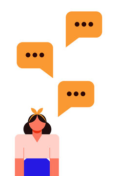 Communication concept with white woman and speech bubbles, chat conversation illustration, dialogue messaging, social media discussion vector design. High resolution PNG