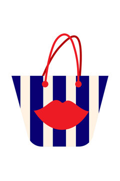 Striped beach tote bag with lips, kiss vector illustration. Navy blue white summer handbag with pink orange handles for vacation travel. Isolated high-res PNG Perfect for vacation and fashion designs	