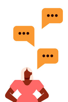 Communication concept with black woman and speech bubbles, chat conversation illustration, dialogue messaging, social media discussion vector design. High resolution PNG