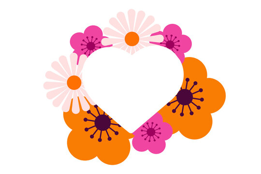 Floral heart frame vector with colorful pink, orange, and white flowers on an isolated background. Romantic spring design for love, wedding, Valentine’s Day, and greeting card decoration. High res PNG