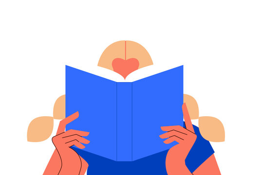 White woman, girl reading a book. Concept on education, self-directed learning. Colorful, flat vector illustration. Character design, vertical layout PNG. Perfect for education, learning, literature	