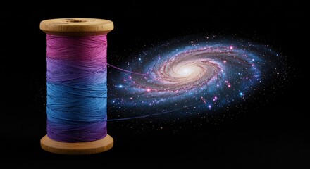 Spool of thread ombre shades connected by loose threads to a bright galaxy spiral all against a black backdrop