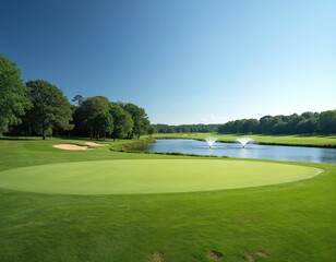Naklejka premium Expansive Cheshire countryside golf course features rich green fairways, manicured putting green, sand bunker, tranquil lake with fountains. Clear blue summer sky above rolling landscape offers