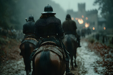 Fototapeta premium Three cloaked riders on horseback approaching a distant illuminated castle in the rain, creating a dark and mysterious fantasy scene.