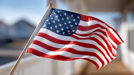 US flag displayed proudly in front of a building during a clear day with a gentle breeze