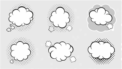 Vector illustration of six comic style speech bubbles and bursts on a transparent checkered background design