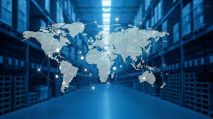 World map overlay with network connections in a warehouse with blue lighting and shelves - Powered by Adobe
