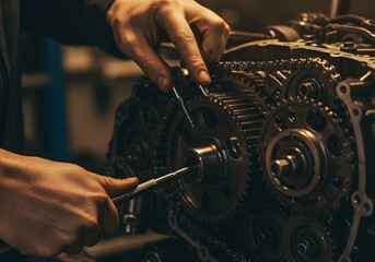 Close-Up of a Mechanic's Hands Working on Car Engine Gears