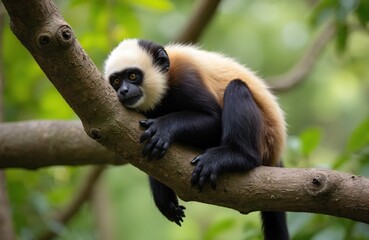 Close-up of white-faced capuchin monkey resting on tree branch in Costa Rica. Small, curious primate with black fur, cream-colored face looks attentively, natural habitat in rainforest environment.