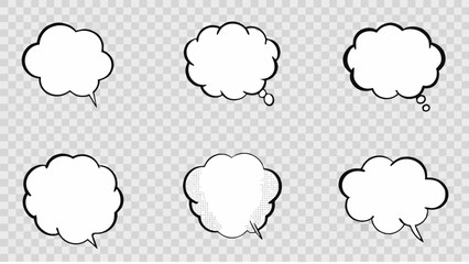 Vector illustration of six comic style speech bubbles and bursts on a transparent checkered background design