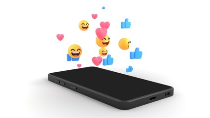 Social media reactions 3d illustration with smartphone emojis floating. Can be used in social media ads or crm viral content analytics