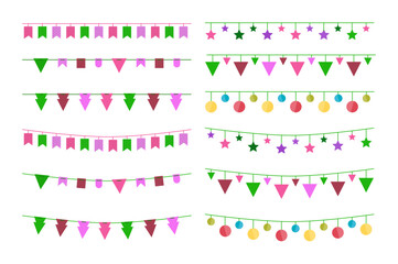 Multicolored Buntings Garlands PNG Transparent Background Decorative Flags for Greeting Cards and Invitation Designs Vector Illustration