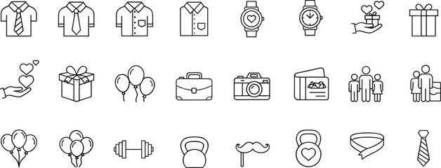 
Father’s Day icon set, line style illustrations of gifts, shirts, watches, balloons, fitness, love, celebration, family moments