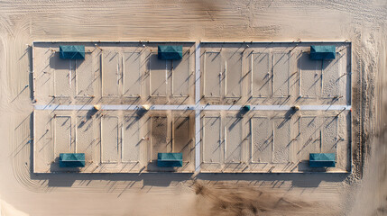 Drone shot of multiple beach volleyball courts arranged geometrically on beach, top-down