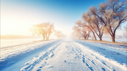 Obraz premium Sunlit path through foggy winter forest for outdoor gear promotions