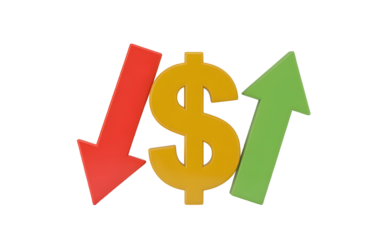 Fluctuating Dollar Value with Up and Down Arrows Representing Market Volatility and Financial Trends on Black Background