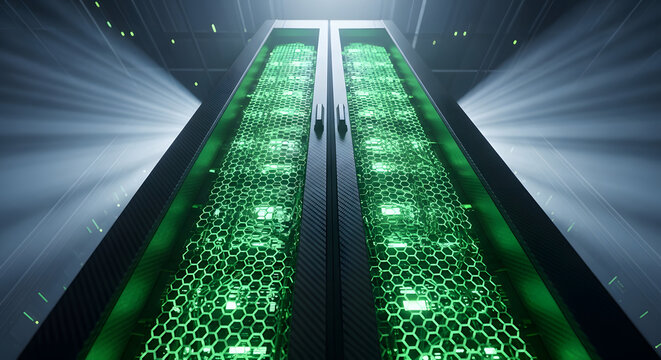 Server Room Data Center with High-Performance Computing and Green Hexagon Pattern Lighting, Powerful Information Processing in a Modern Data Infrastructure
